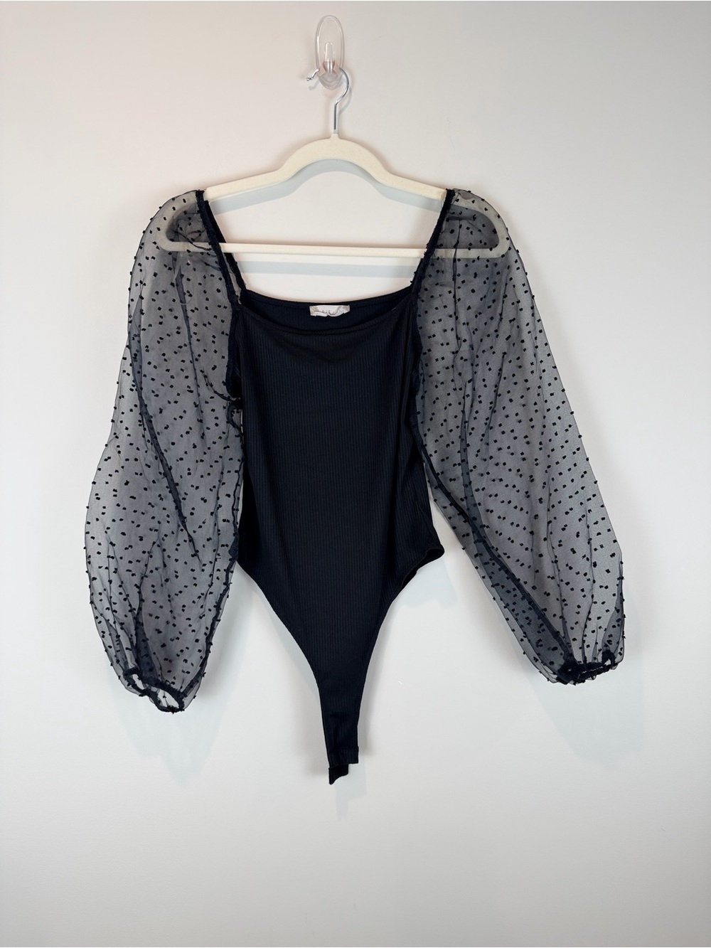 Altar'd State Black Sheer Dot Puff-Sleeve Bodysuit size Medium